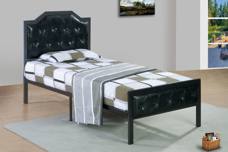 GUN METAL FRAME BED WITH BLACK TUFTED PU. NW-B907