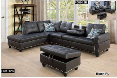 Black Faux Leather Synthetic Leather 3-Piece Sofa Set BE-F09912