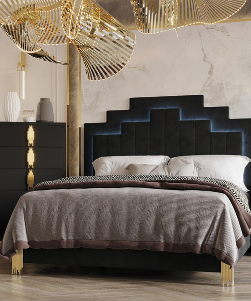 Contemporary Style Bedroom Set In A Black Finish With Golden Handles And Legs NW-B345