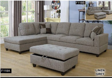 BE-F118 Transitional Style  2 piece Sectional+Ottoman in Linin Gray color in Linin