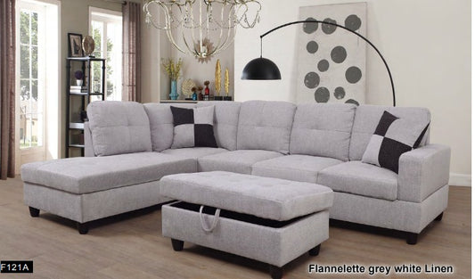 BE-F121 Transitional Style  2 piece Sectional+Ottoman in Flannelete Gray  White Linen