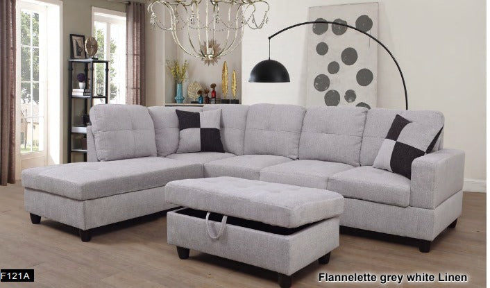 BE-F121 Transitional Style  2 piece Sectional+Ottoman in Flannelete Gray  White Linen