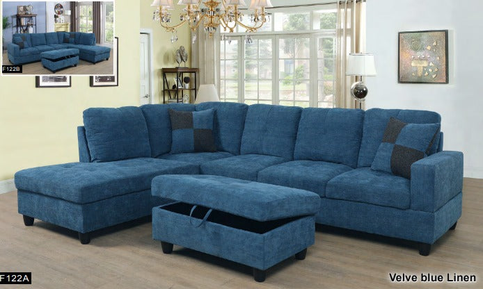 BE-F122 Transitional Style  2 piece Sectional+Ottoman in Velvet Blue Linen