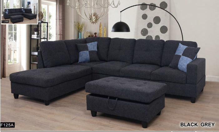 BE-F125 Transitional Style  2 piece Sectional+Ottoman in Black Gray Linen