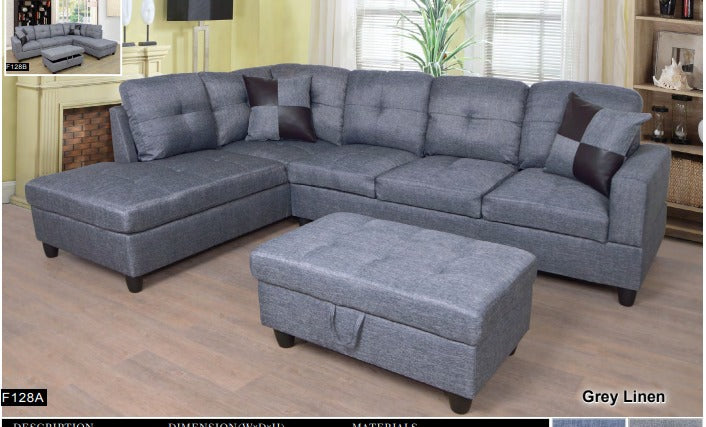 BE-F128 Transitional Style  2 piece Sectional+Ottoman in Black Gray Linen