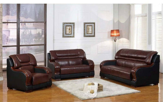 BR-F306 3-piece Recessed Arms Living Room Set Brown & Black Genuine Leather